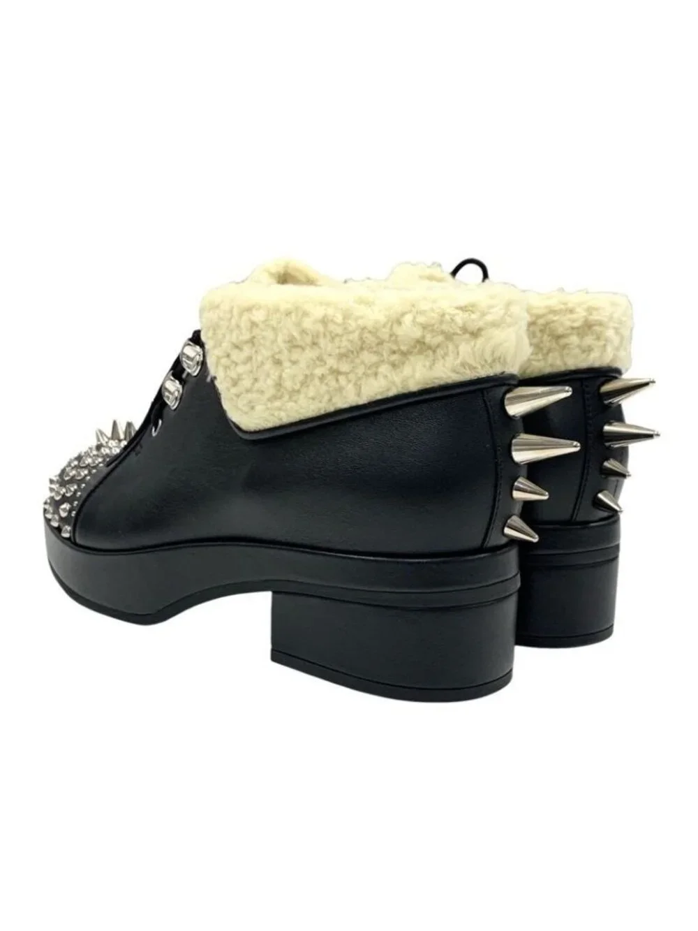 Gucci Boots Short Shoes Leather Shearling Black Studs Lace Up Boa - Picture 4 of 10